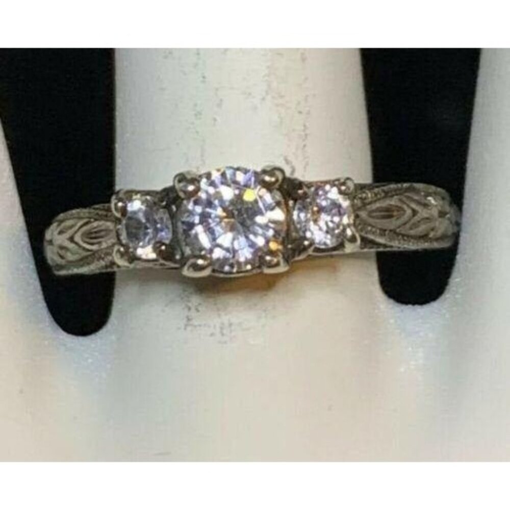 Sterling Silver Triple CZ Stone Ring W/ Intricate Band Signed 925 China (R51)